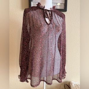 Chico’s Women’s Sheer Burgundy High Neck Blouse, Front Neck Tie - Sz 2 (Large)